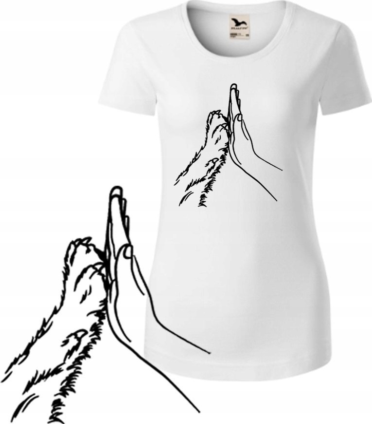 KOSZULKA BIAŁA DAMSKA Z ŁAPKĄ PSA DŁOŃ CZŁOWIEKA L KRÓTKI RĘKAW HAFT