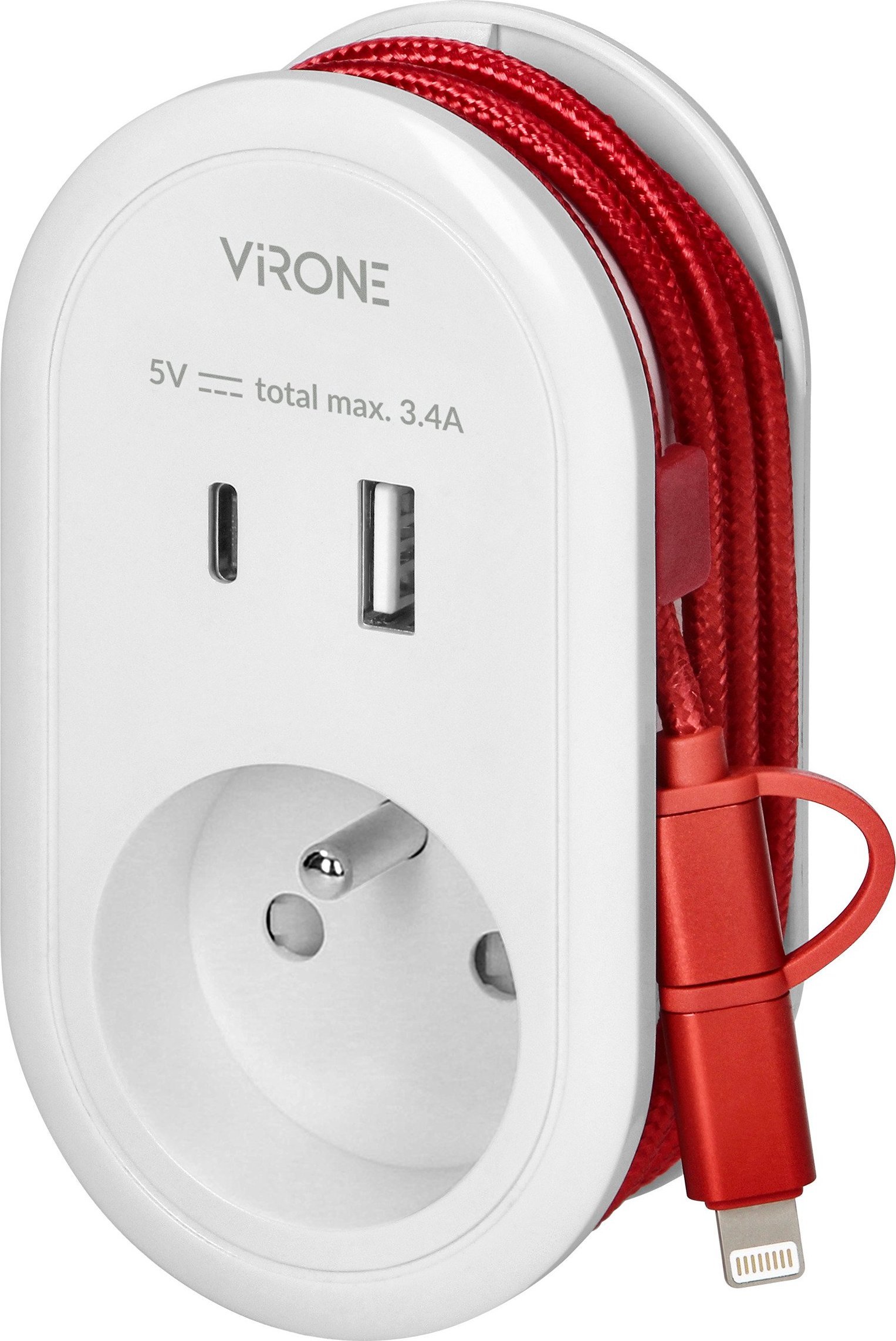 Adapter USB Orno Adapter z ładowarką USB i kablem ładującym (typ C + Lightning), 1x2P+Z, 2xUSB (Typ A+C), max 3,4A