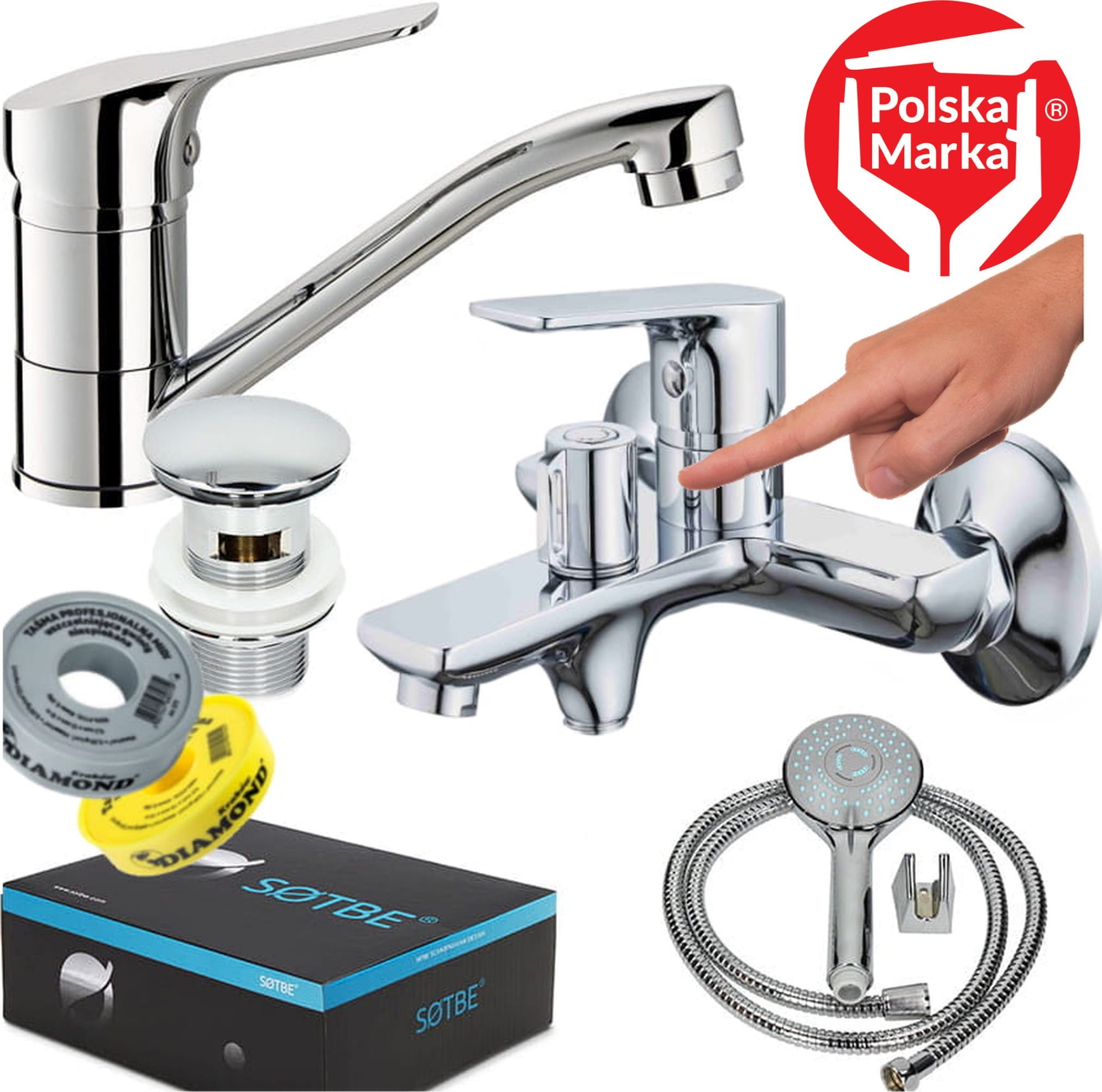 Bateria umywalkowa Sotbe SOTBE VANTAA bateria wannowa ścienna z ceramicznym przełącznikiem + bateria umywalkowa obrotowa