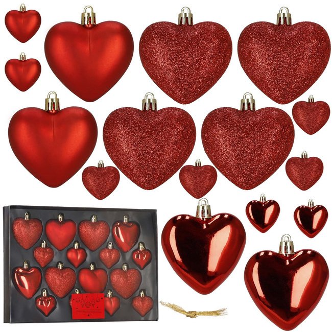 Springos Bombki choinkowe 16 szt. zestaw dekoracji świątecznych, niedłukące, serca, czerwone UNIWERSALNY