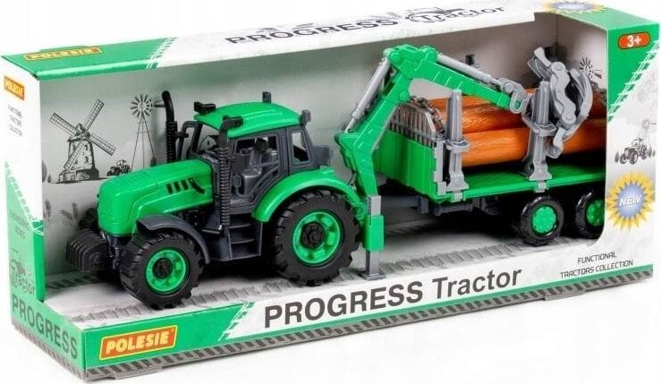 Polesie Polesie 96487 Traktor Progres inercyjny z podnośnikiem i przyczepą do przewozu drewna, zielony w pudełku