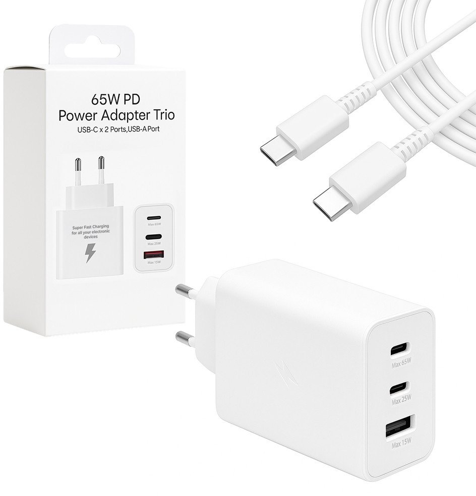 ECOBOX ŁADOWARKA SIECIOWA 65W BIAŁE 2xTYP-C ORAZ USB-A + KABEL USB PD TYP-C DO TYP-C 3A BIAŁY 1M