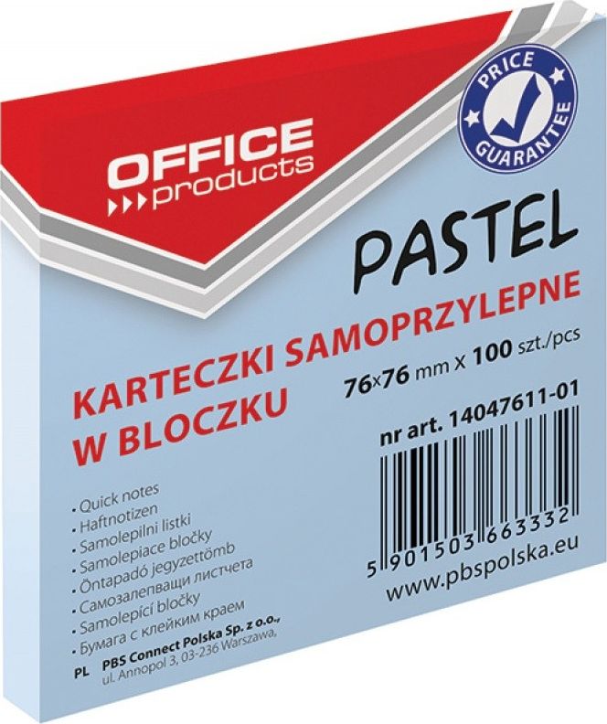 Office Products Bloczek samoprzylepny OFFICE PRODUCTS, 76x76mm, 1x100 kart., pastel, niebieski