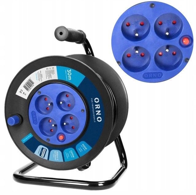 Przedłużacz bębnowy, 4 gniazda 2P+Z, kabel PVC H05VV-F 3x1,0mm?, długość 30m, termik, przesłony torów prądowych.