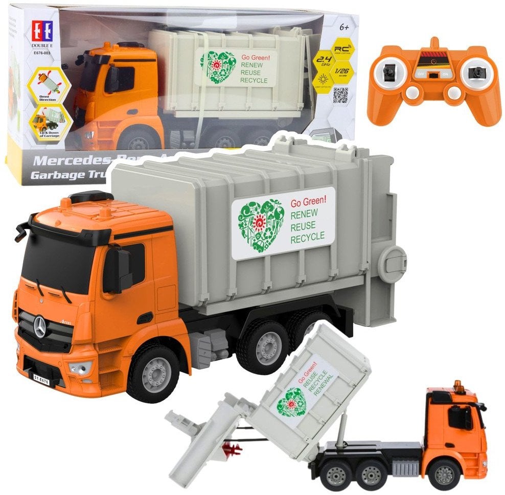 Mercedes-Benz Antos Śmieciarka Zdalnie Sterowana RC Pomarańczowa 1:26