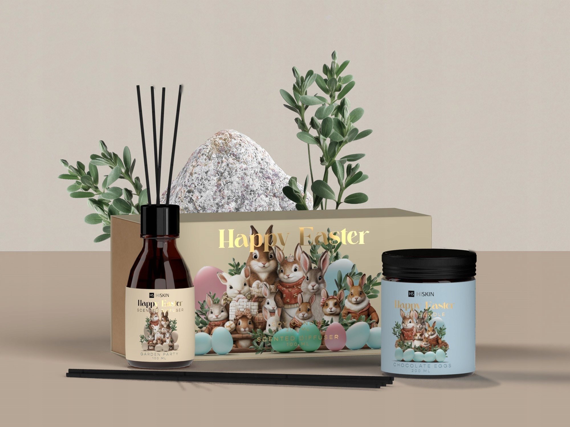 HISKIN_SET Happy Easter świeca sojowa Chocolate Eggs 200ml + dyfuzor zapachowy Garden Party 100ml