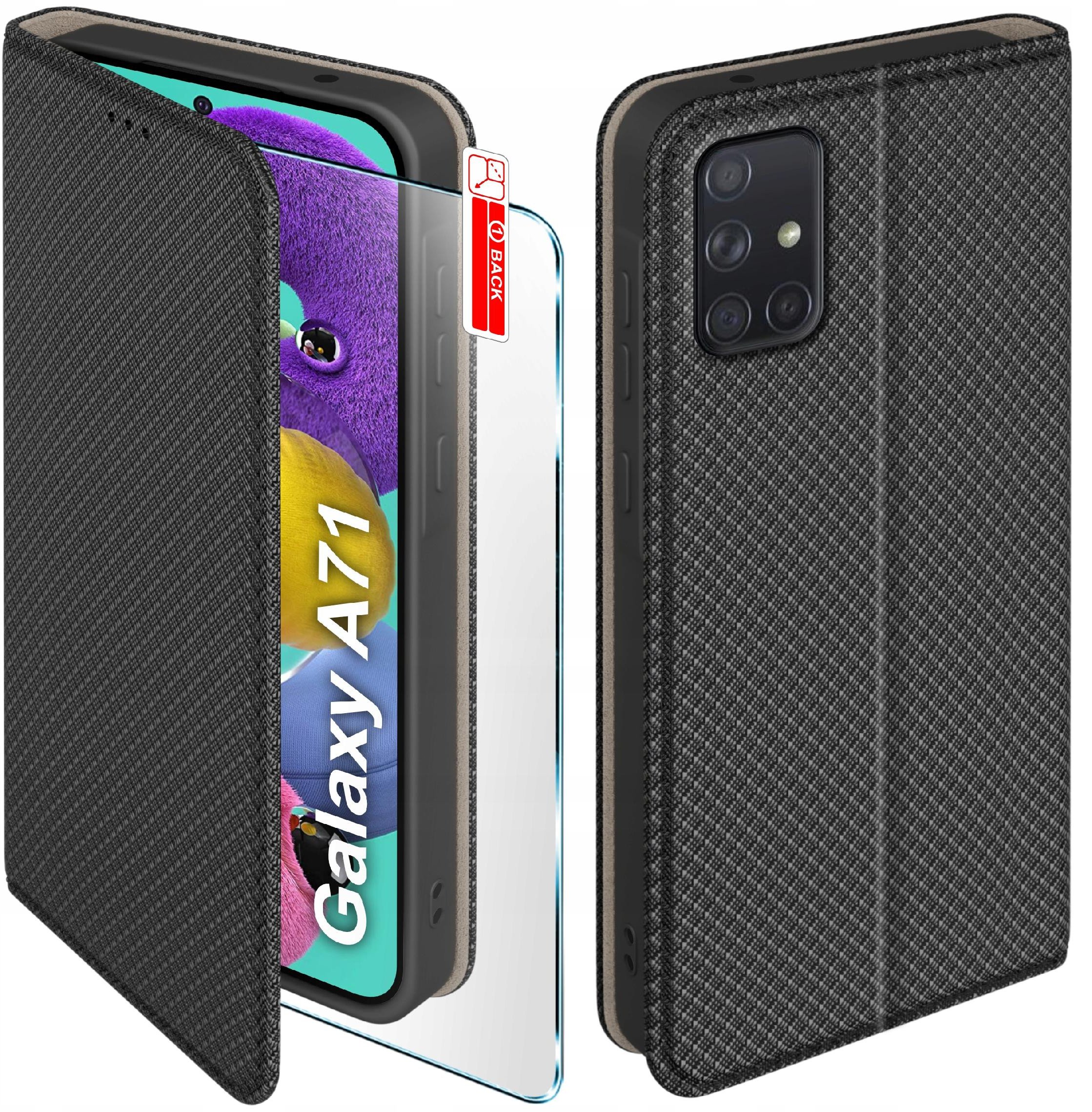 Etui z klapką do Samsung A71 Zamykane Czarne Futerał + Szkło 9H