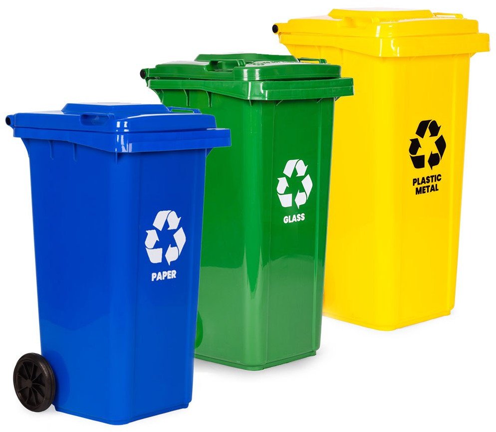 Zestaw 3 koszy na śmieci pojemniki 3x120L niebieski zielony żółty makulatura szkło plastik gumowe koła