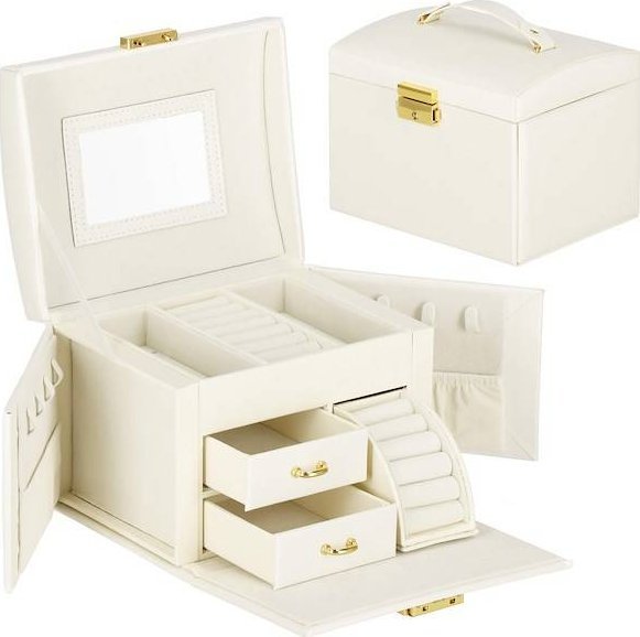 Springos Szkatułka na biżuterię ekoskóra 17,5x12x13,5 cm kremowy organizer z przegródkami UNIWERSALNY