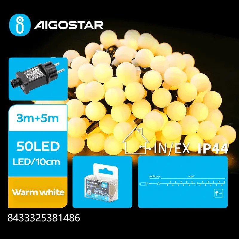 Lampki choinkowe Aigostar Niskonapięciowe kulki mleczne 50led Ciepłe 5m+3m Niskonapięciowe kulki mleczne 50led Ciepłe 5m+3m