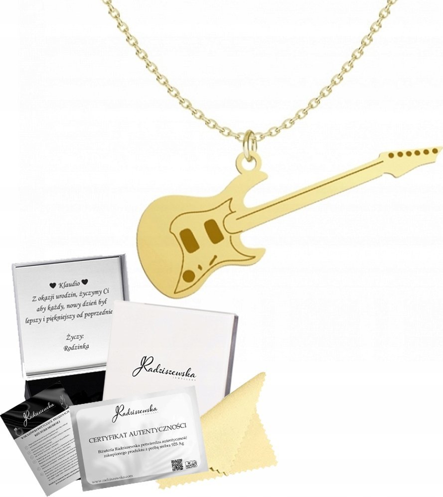 Radziszewska Jewellery Naszyjnik Złoty Gitara Elektryczna 925 Prezent Łańcuszek GRAWER GRATIS
