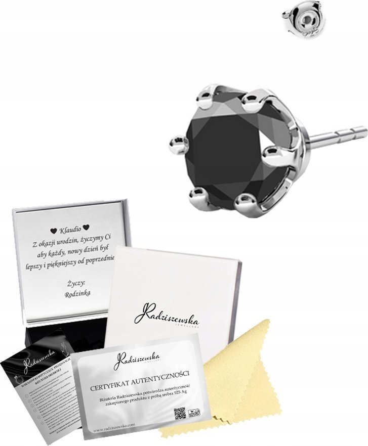 Radziszewska Jewellery Kolczyk Męski Cyrkonia Czarna SREBRO 925 Prezent Sztyfty DEDYKACJA GRATIS