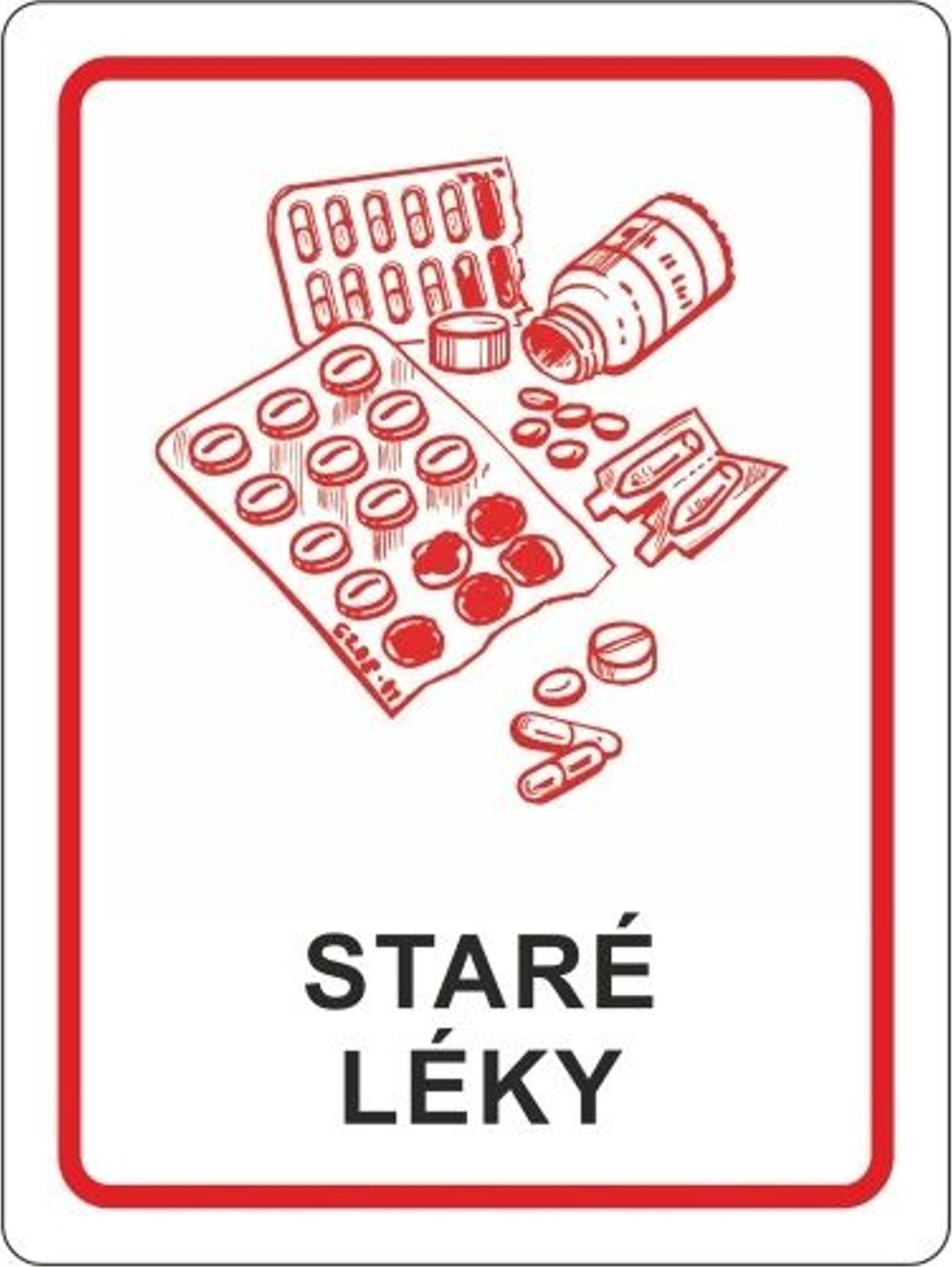 GSG24 Naklejka na pojemnik na stare LEKI 16x12cm Naklejka na pojemnik na zużyte stare LEKI 16x12cm