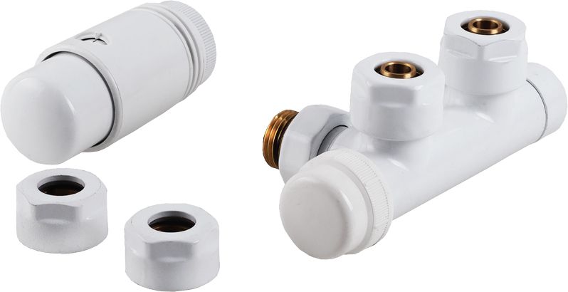 Perfexim Zintegrowany zestaw termostatyczny PHA-036 kątowy biały, rozstaw 50mm PN10 + złączki na CU 15 i pexa 16x2 (20-036-0000-001)