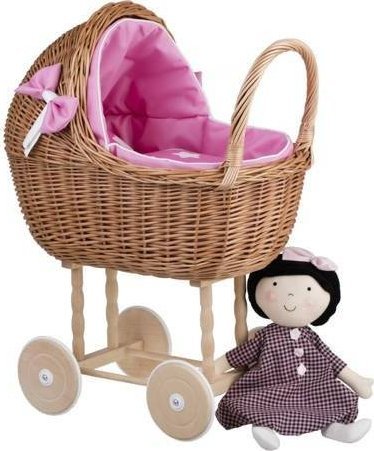 WickerPL LILI WIKLINOWY WÓZEK DLA LALEK Z RÓŻOWYM OBSZYCIEM 48X28 H60 CM