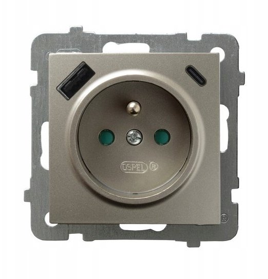 AS Gniazdo pojedyncze z uziemieniem z przesłonami torów prądowych, z ładowarką USB A+C satyna light GP-1GZPUSBAC/m/45