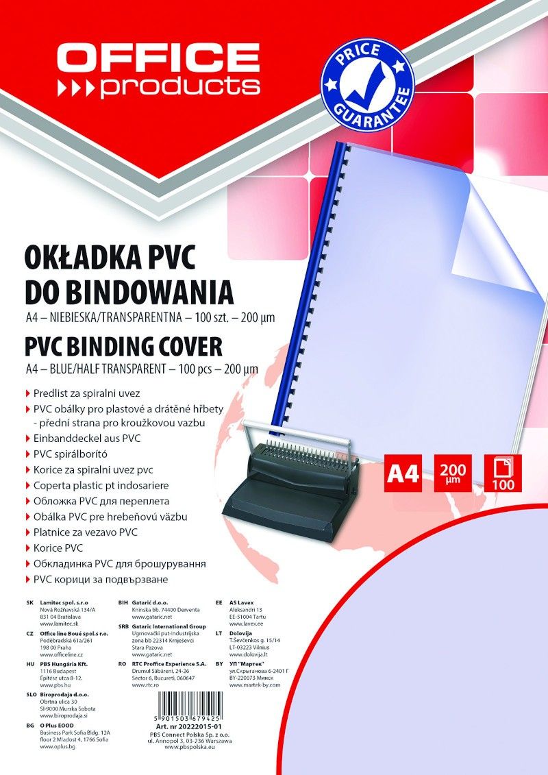 Office Products OKŁADKI DO BINDOWANIA OFFICE PRODUCTS, PVC, A4, 200MIKR., 100SZT., NIEBIESKIE TRANSPARENTNE 20222015-01