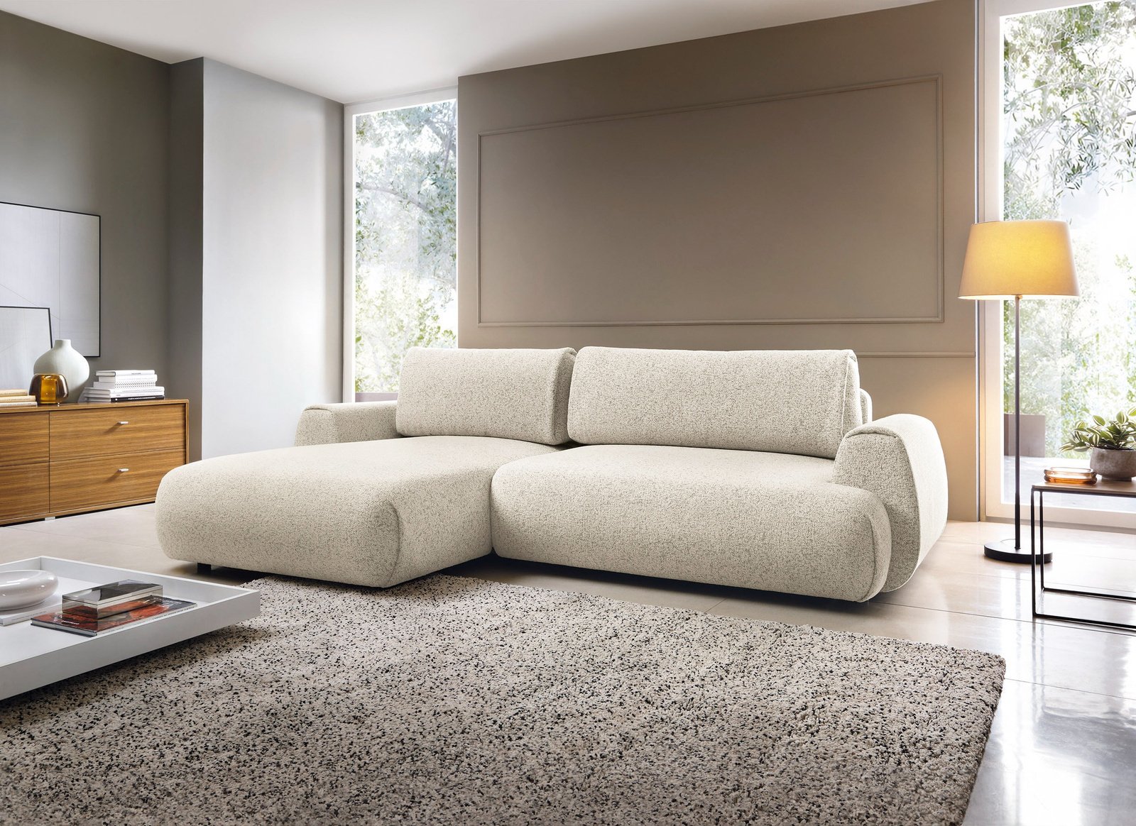 Narożnik do salonu w kształcie litery L VERNIaNarożnik VERNIO lewostronny plecionka Puente 03 jasny beż funkcja spaniaO Puente 03 Jasny Beż Piaskowy