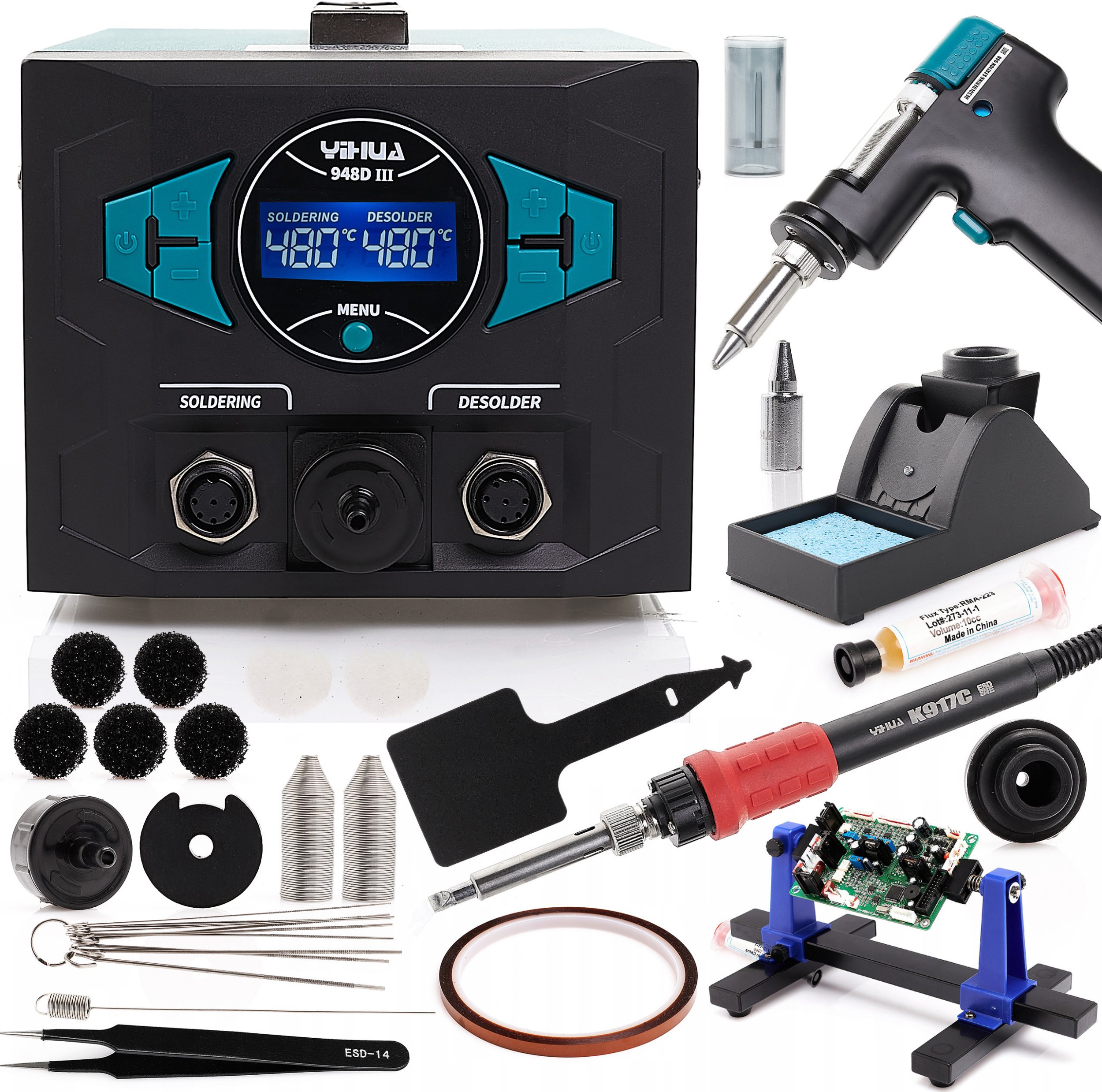 Stacja Lutownicza 2w1 Yihua 948D-III Uchwyt do Płytek PCB Pęseta ESD Topnik