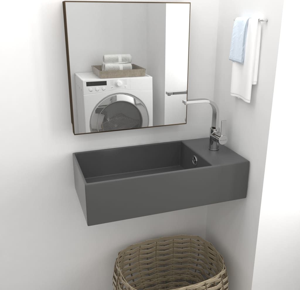 Umywalka vidaXL Ścienna umywalka z otworem przelewowym, ceramika, ciemnoszara