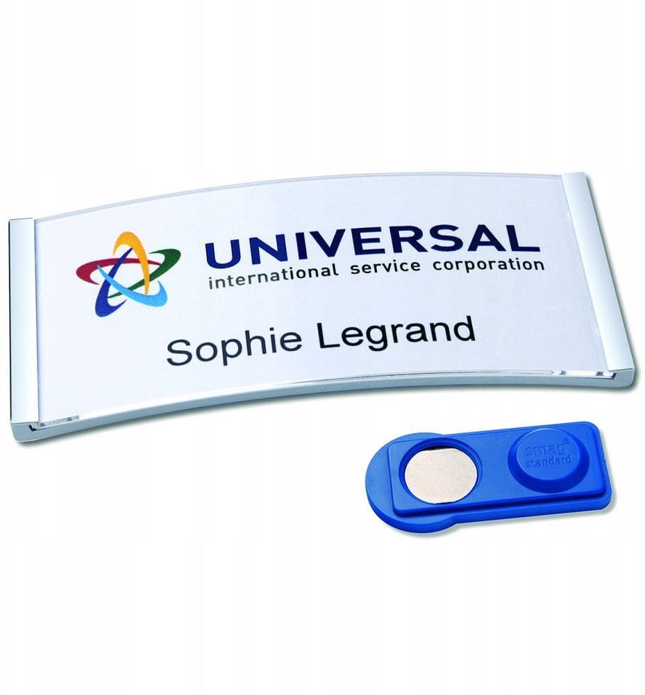 Navneskilt Badgepoint® 80x34 mm, Polar® Classic 35 Medarbejderskiltesæt, skilte med rustfri stålramme, akrylglas og printbare indstik - 10 skilte inkl