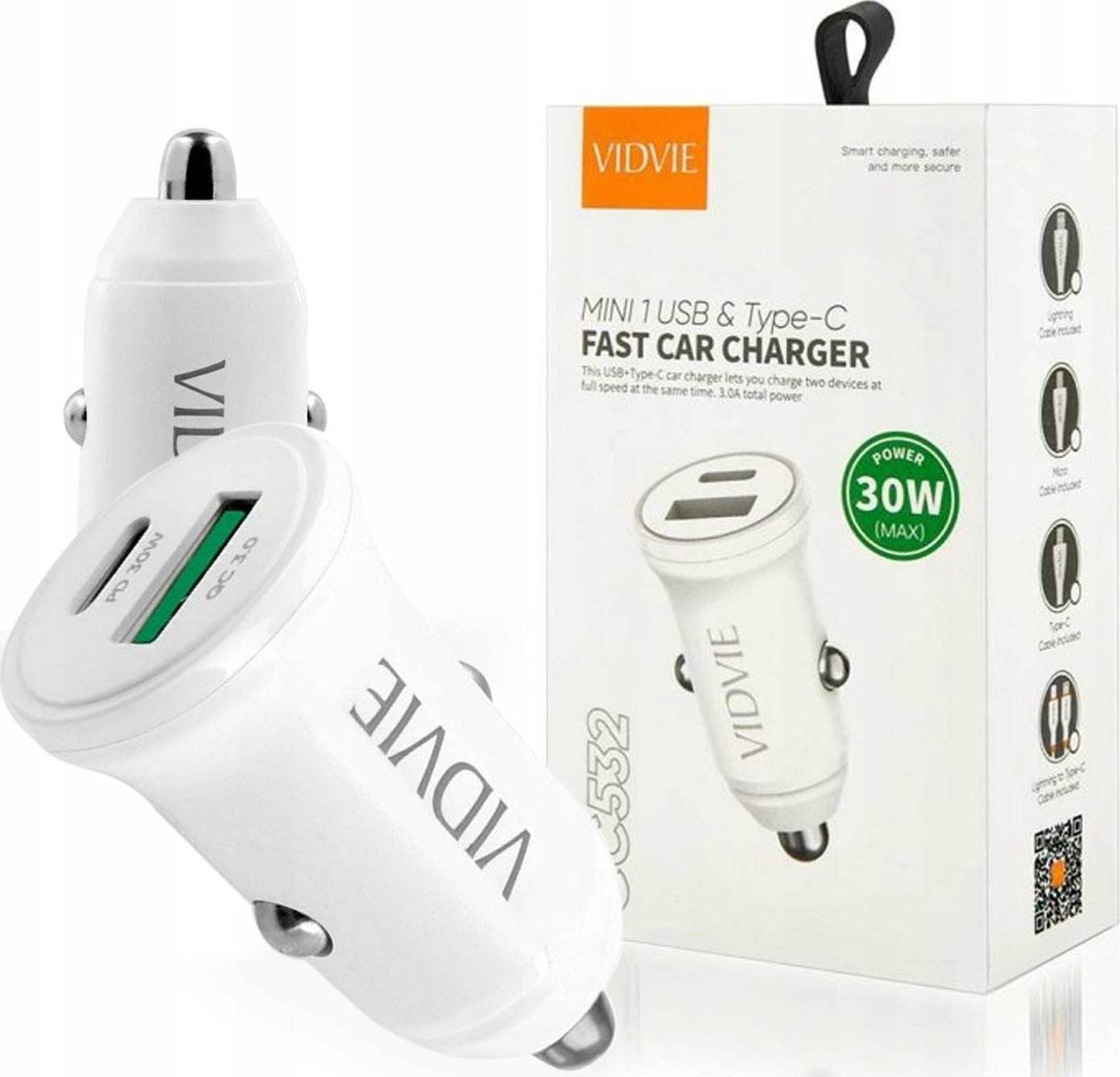 Ładowarka Vidvie Samochodowa Ładowarka Zapalniczka USB (QC 3.0, 30W, 1xUSB USB TYPE-C )