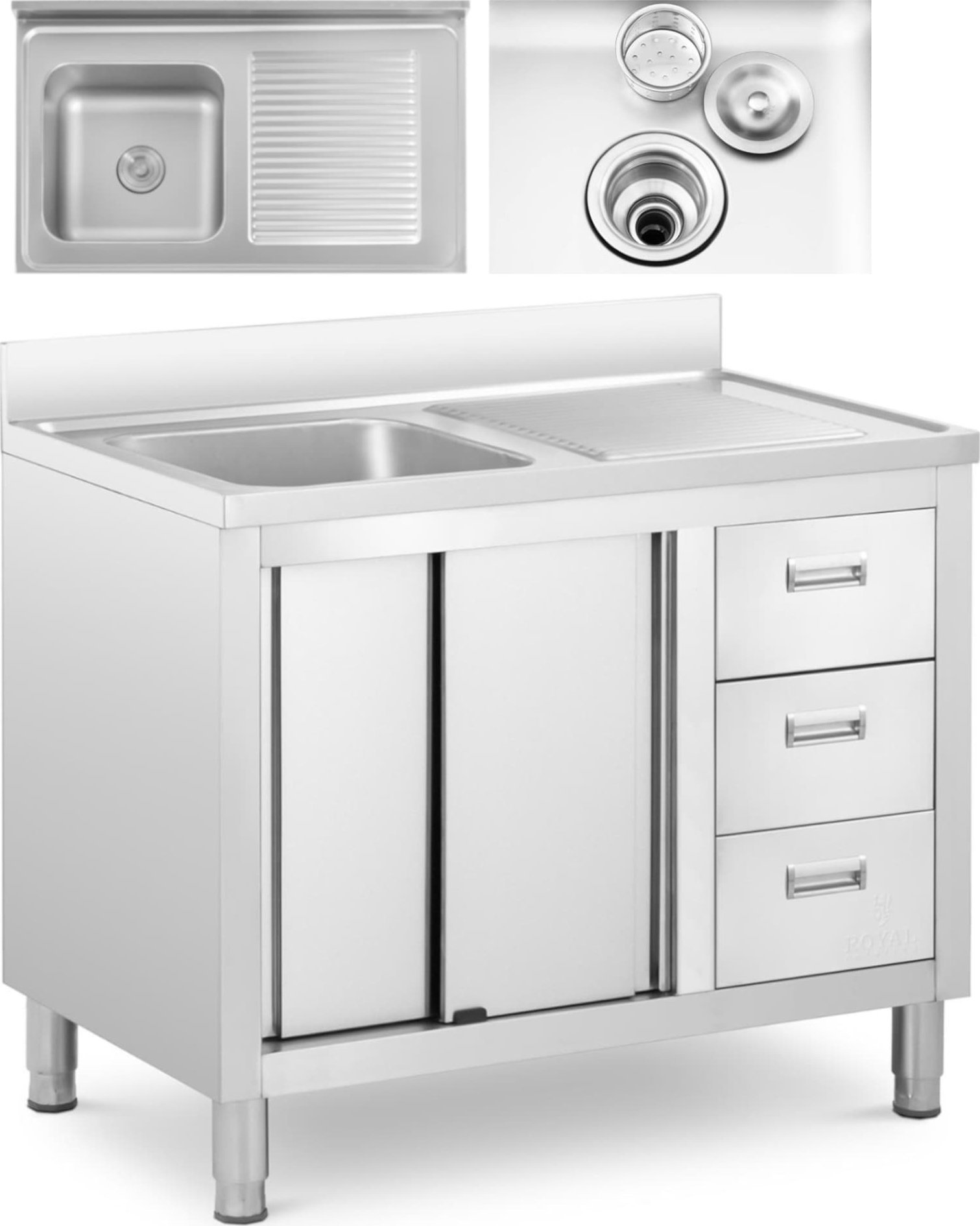 Royal Catering Zlew basen gastronomiczny jednokomorowy z szafką z drzwiami przesuwnymi szufladami stalowy 100 x 60 x 94.5 cm