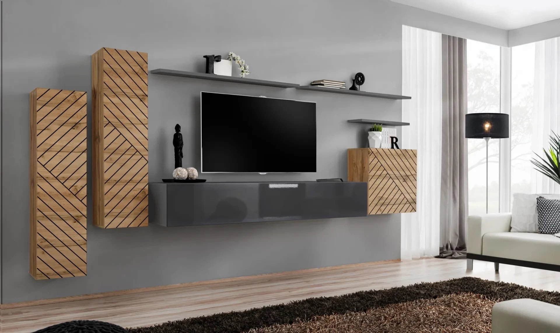 Meblościanka SWITCH LAMEL I dąb wotan/szara ASM Meble