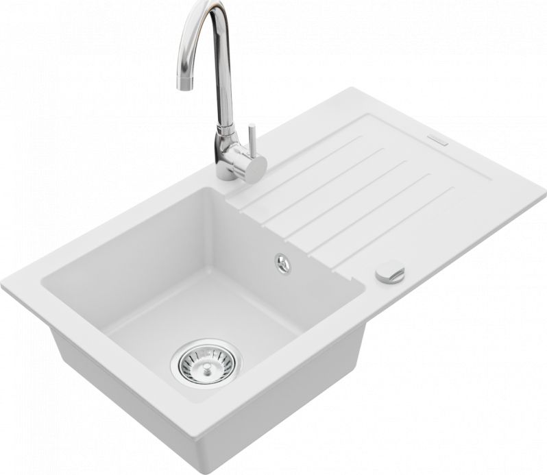 Zlewozmywak Mexen Pablo granitowy 1-komorowy z ociekaczem i baterią kuchenną Telma, biały - 6510-20-670200-00