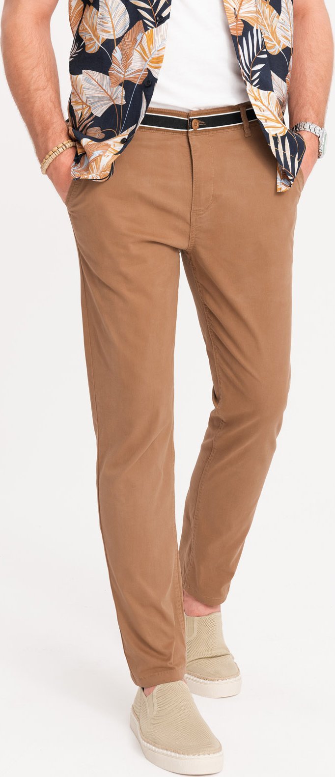 Ombre Spodnie męskie chino z ozdobną taśmą w pasie brązowe V4 OM-PACP-0118 XL