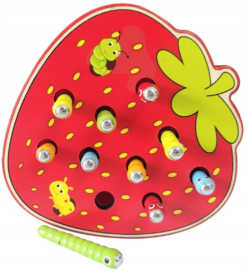 GRA UKŁADANKA ZRĘCZNOŚCIOWA DREWNIANA ZŁAP ROBACZKA NA MAGNES TRUSKAWKA