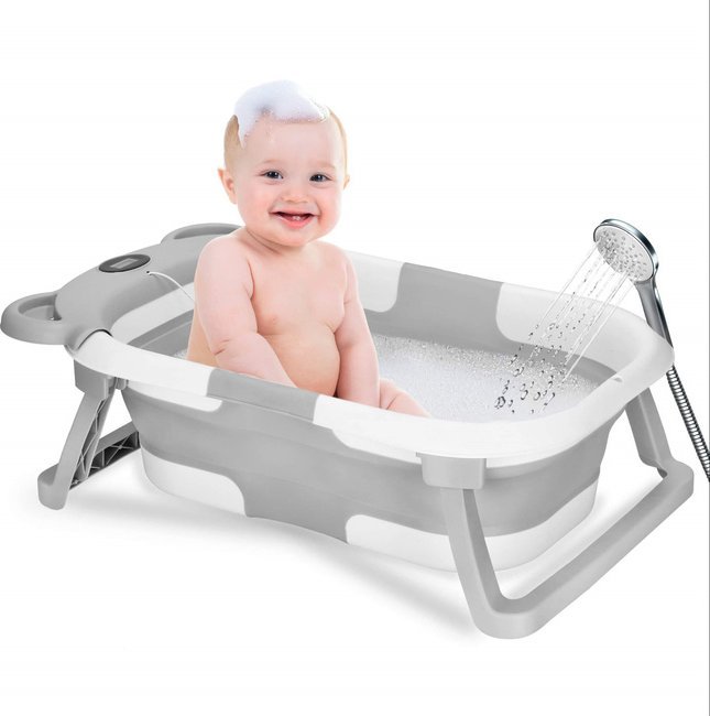 Wanienka dla niemowląt silikonowa z korkiem i termometrem 27,5 L przenośna, biało-szara UNIWERSALNY