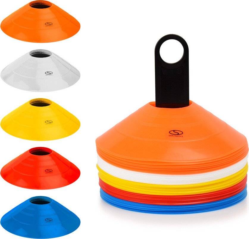 Pachołki talerzyki stożkowe 50szt. stojak / TT50-19MULTIZestaw 50 pachołków stożkowych SMJ sport (19 cm, wys. 5 cm, 18 g). W zestawie stojak i siatk