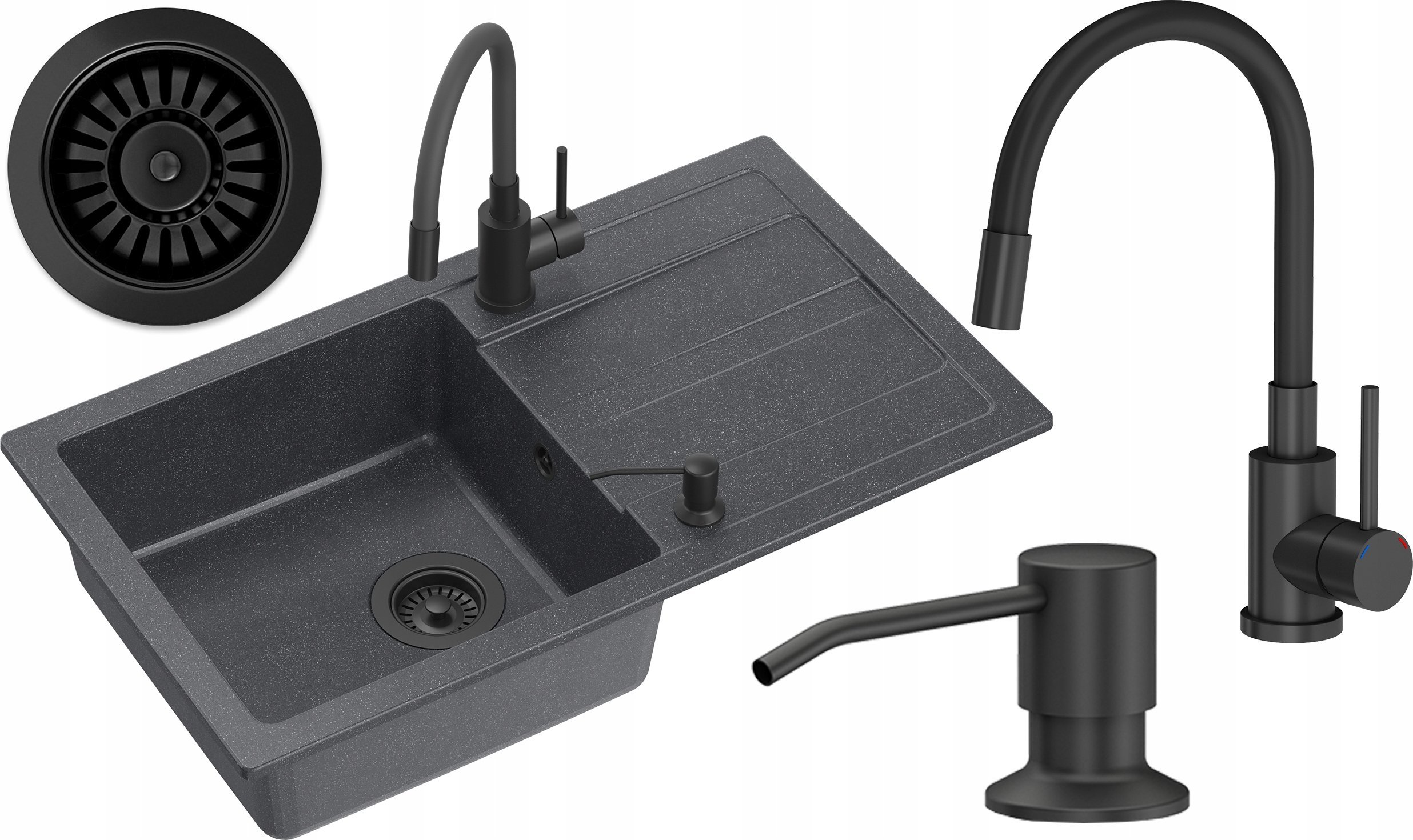 Zlewozmywak GraniteQ READY- MAX CZARNY zlewozmywak granitowy 1-k z/o (77x44x17,5) + bateria z elastyczną wylewką very black + dozownik very black + sy