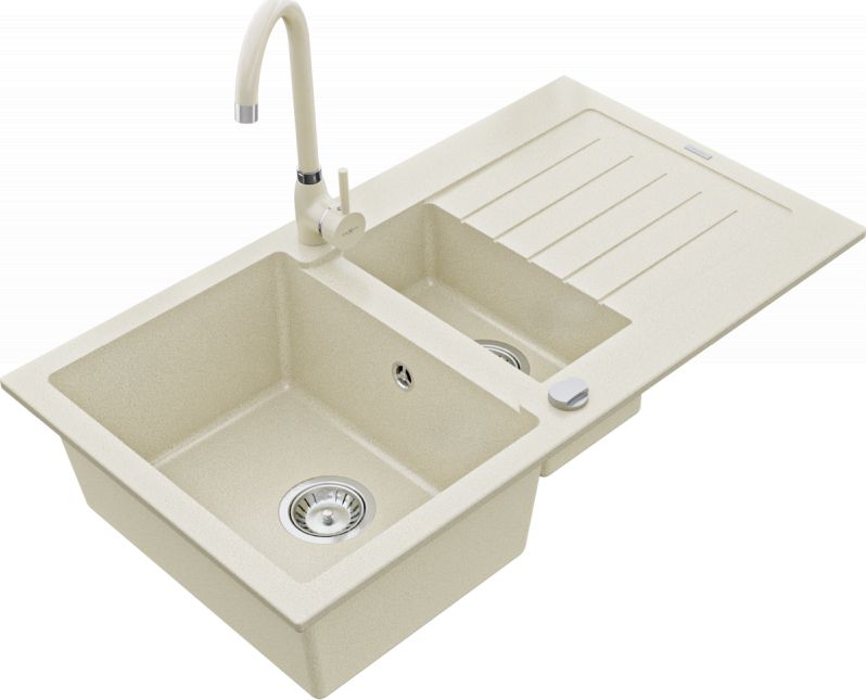 Zlewozmywak Mexen Matias granitowy 1,5-komorowy z ociekaczem i baterią kuchenną Telma, beżowy - 6502-69-670200-69