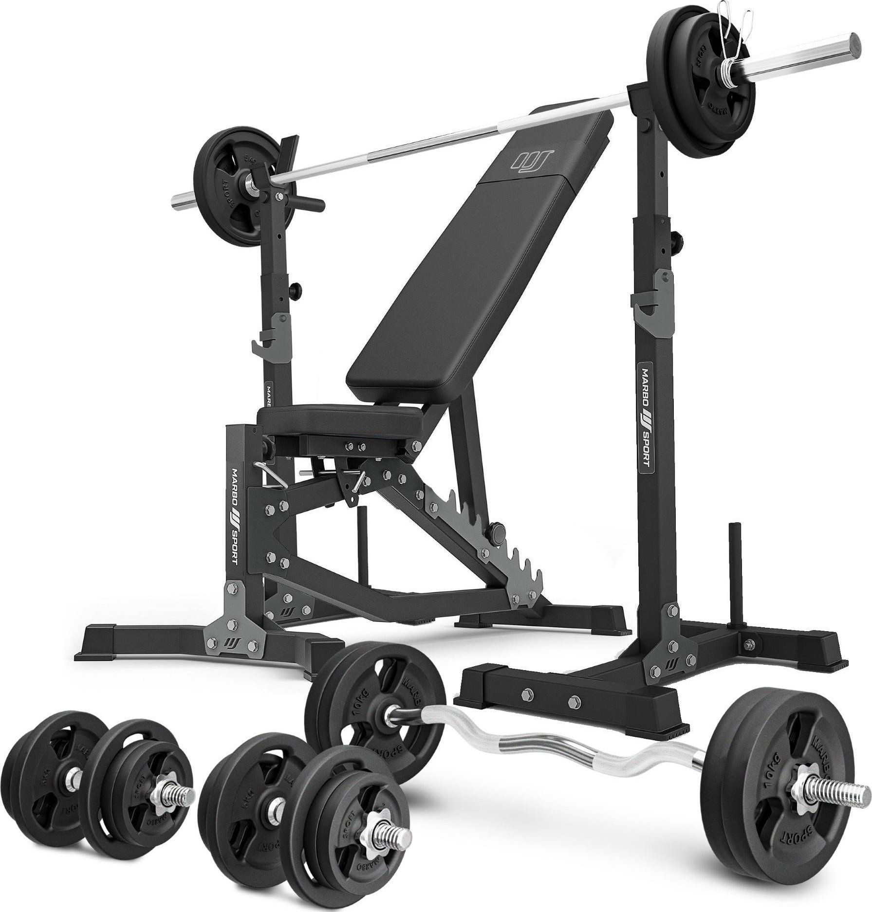 Zestaw MS30_2.0_113KG | Dwustronnie regulowana ławka treningowa + wielopoziomowe stojaki (2 sztuki) pod sztangę z asekuracją + zestaw gryfów i obciąż