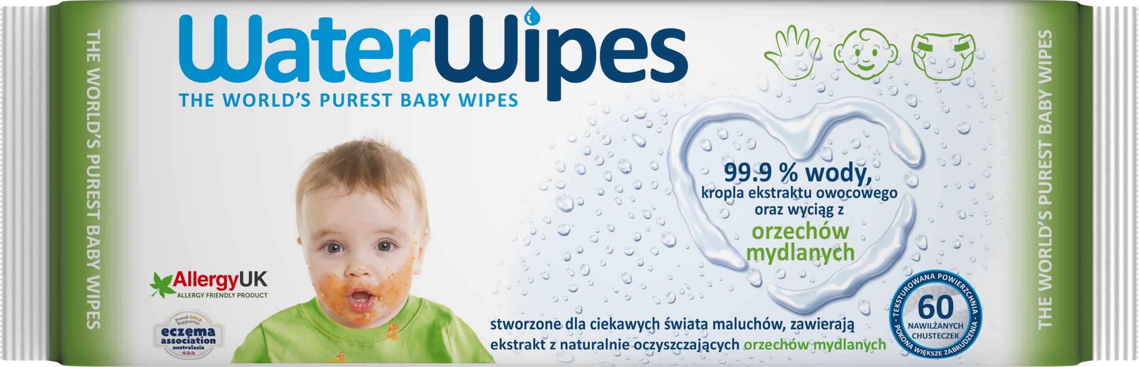 WaterWipes WaterWipes, Chusteczki nasączane czystą wodą, Soapberry (z dodatkiem wyciągu z orzechów mydlanych), 60szt. PL
