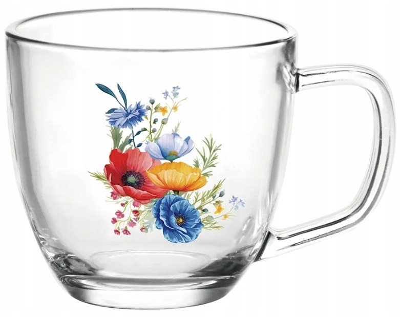 Szklany kubek 420ml do kawy i herbaty przeźroczysty z kwiatową ozdobą