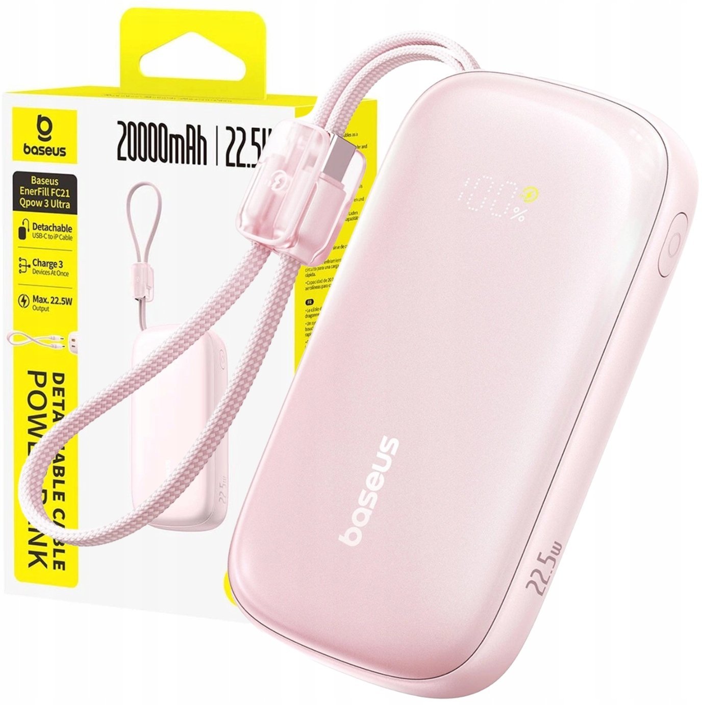Powerbank Baseus Powerbank EnerFill FC21 Qpow 20000mAh 22.5W z wyświetlaczem z dołączonym kablem - różowy