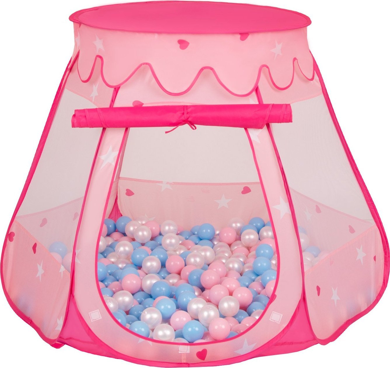 Selonis Selonis Namiot zamek NZ-100X z piłeczkami 6cm różowy: babyblue-pudrowy róż-perła 105x90cm/300piłek Zabawka namiot dla dzieci