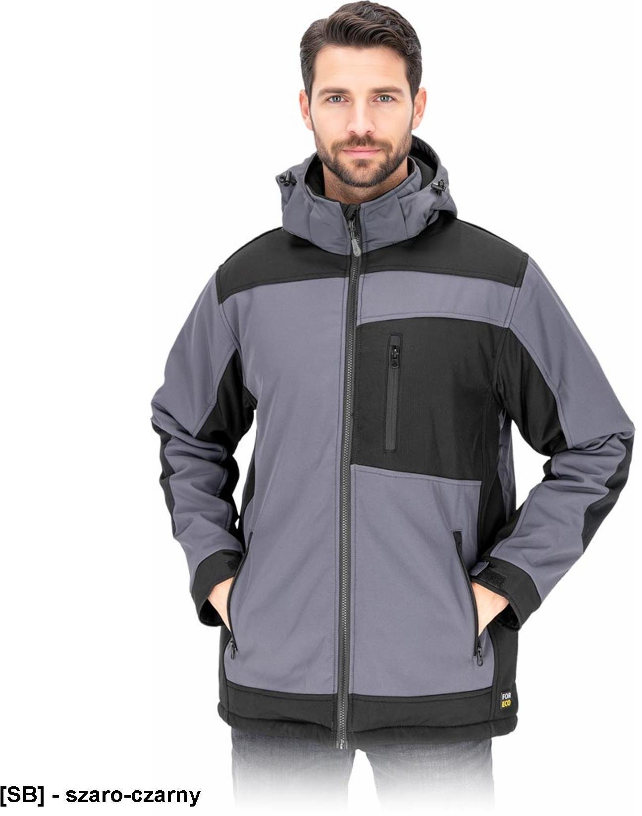 Kurtka męska ochronna odsuwany kaptur ocieplana stójka polar zamek SOFTSHELL chroni przed deszczem wiatrem oddychająca szaro czarny FORECO-WSH 3XL