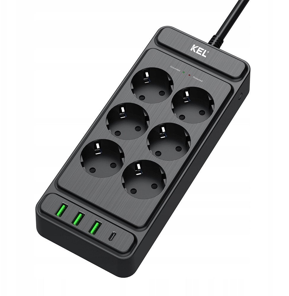 Przedłużacz stały z sześciokrotnym gniazdem wtyczkowym 2p+Z oraz gniazdami USB A, USB C, 2m, SCHUKO ; KEL