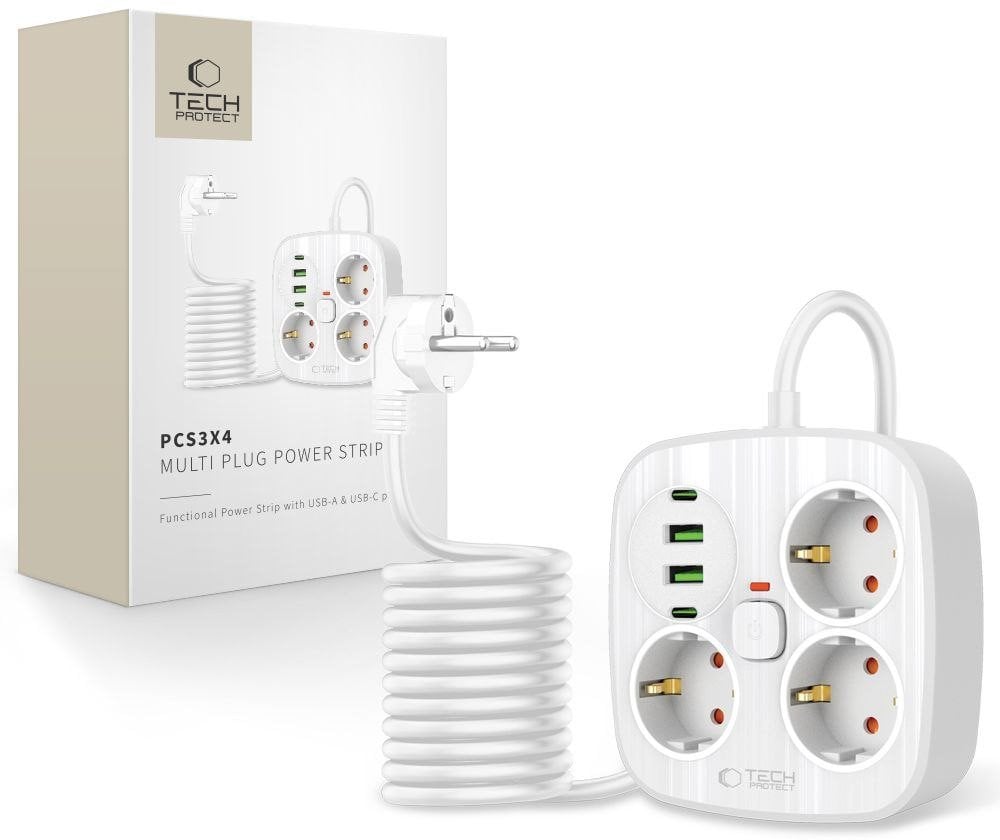 TECH-PROTECT PCS3X4 POWER STRIP 2 USB & 2 TYPE-C & 3 SOCKET 200CM WHITE