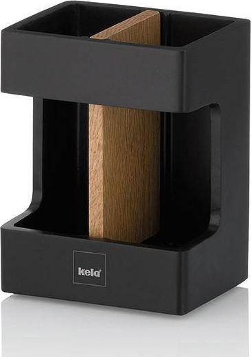 Kela kubek na szczoteczki, żywica polimerowa/drewno dębowe, 8,5 x 6,5 x 11,5 cm, czarny