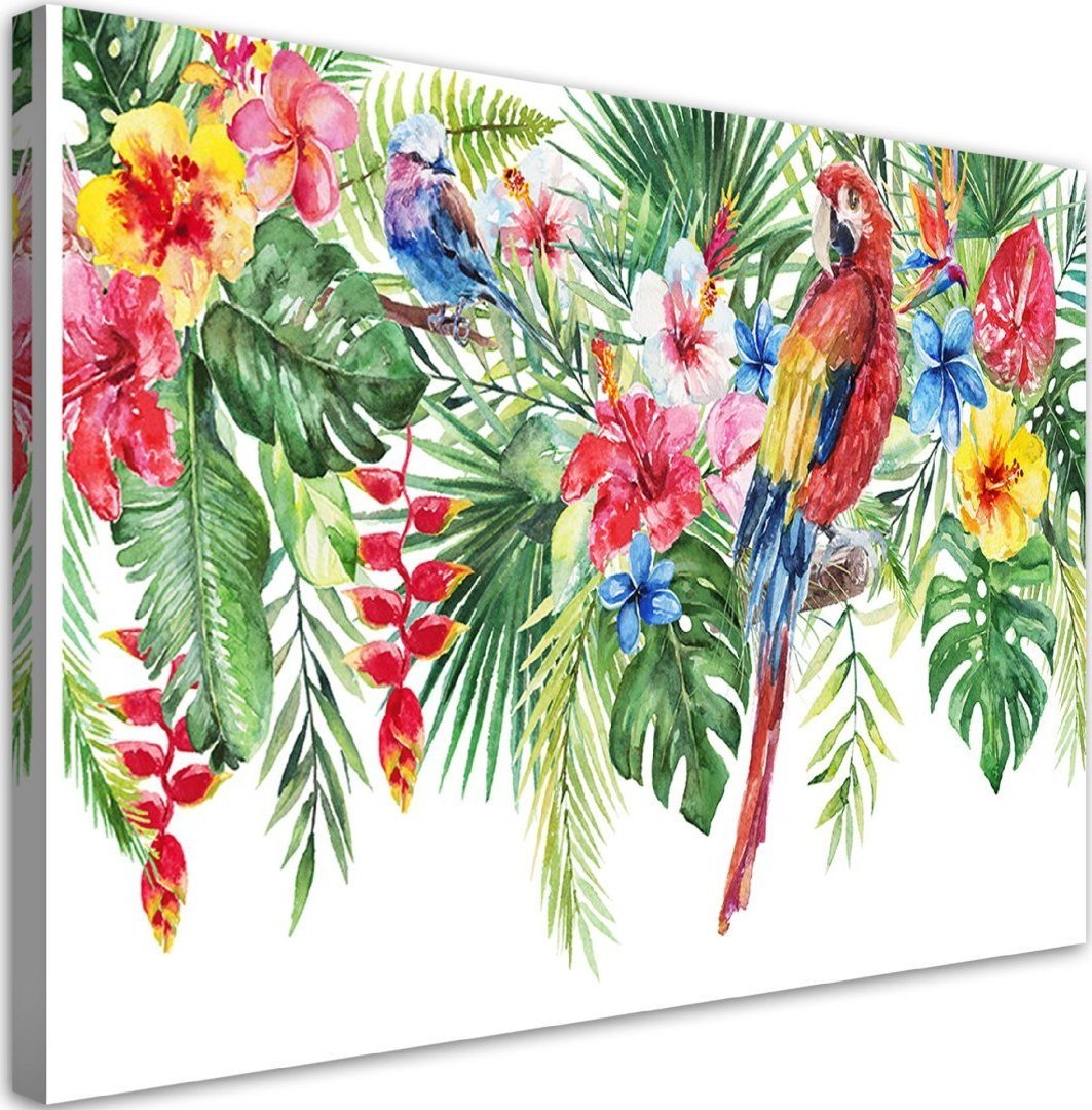 Feeby Obraz na płótnie, Liście kwiaty papuga tropikalne - 120x80