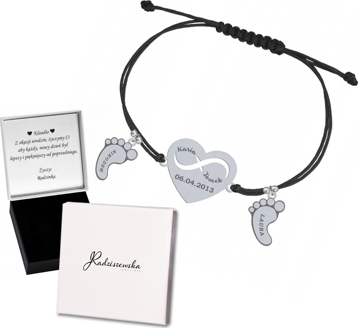 Radziszewska Jewellery Bransoletka Srebrna z Imieniem Dziecka Dzień Mamy Serce STÓPKI 925 Sznurek