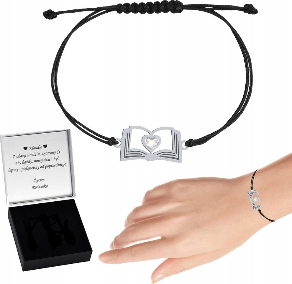Radziszewska Jewellery Bransoletka Srebrna Książka 925 Sznurek Biżuteria Prezent ŻYCZENIA GRATIS