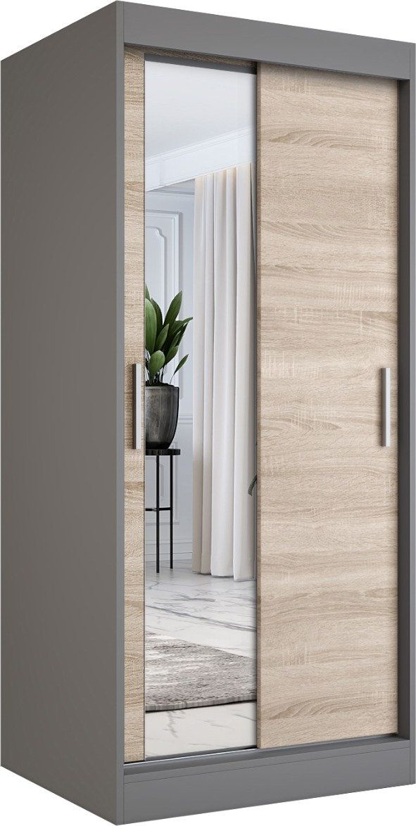 MKPOL Szafa przesuwna MODUO COMFORT 90 antracyt/dąb sonoma z lustrem po lewej