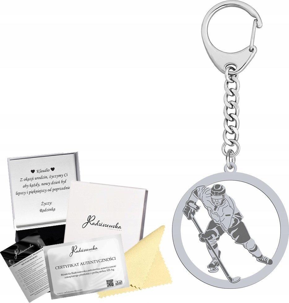 Radziszewska Jewellery Brelok do kluczy HOKEJ HOKEISTA SREBRO 925 Prezent Mężczyzna GRAWER GRATIS