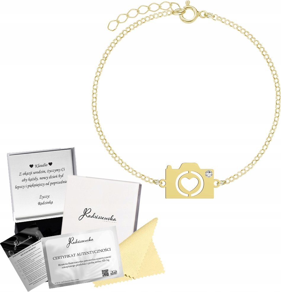 Radziszewska Jewellery Złota Bransoletka Aparat Fotograficzny SREBRO 925 Prezent DEDYKACJA GRATIS
